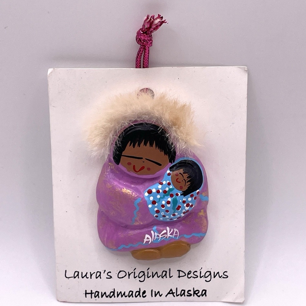 Alaska Eskimo Mom and Baby Handmade Fur‎ Christmas Ornament NEW